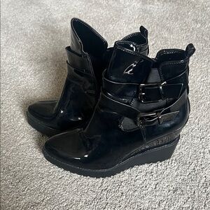 Black Patent Leather Wedge Ankle Boots, Moto Buckle Detail Size 39 Comfort Heel